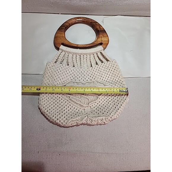 NEW NOS Vintage 1970s Handmade Macrame Purse Pocketbook Bag Wooden Handles MCM - Picture 6 of 8